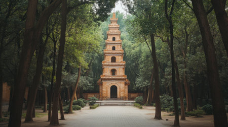 A beautiful pagoda stands gracefully amidst tall trees, creating a peaceful atmosphere. This serene scene captures the essence of nature and cultural heritage, perfect for inspiring tranquility.の素材