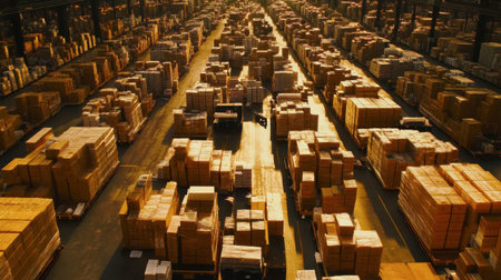 An expansive aerial view captures a busy warehouse filled with neatly organized rows of stacked boxes and pallets, showcasing the logistics and storage operations at play.の素材