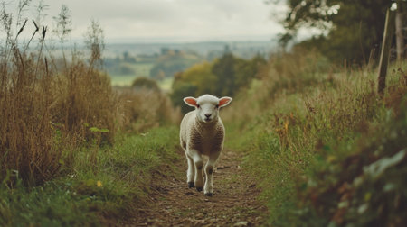 A charming lamb meanders down a country path, surrounded by lush greenery and a breathtaking landscape. The peaceful atmosphere invites serenity and exploration.の素材