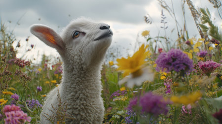 This enchanting image features a young lamb in a colorful meadow of wildflowers, capturing the essence of rural beauty and the joy of nature in a serene environment.の素材
