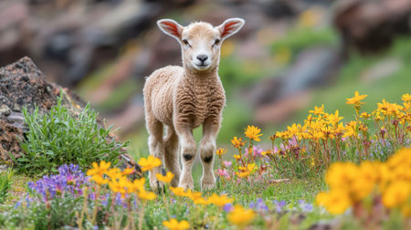 A charming young lamb explores a field filled with colorful wildflowers, embodying the essence of spring's beauty and the peacefulness of rural life.の素材