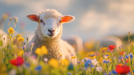 A delightful lamb stands amidst a field of blooming wildflowers, embodying the essence of spring and the beauty of nature in a peaceful rural setting.の素材