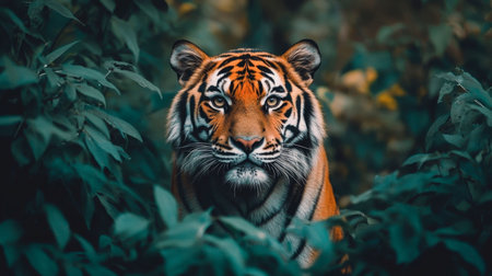 A striking portrait of a Bengal tiger nestled among green foliage, showcasing its powerful presence and captivating gaze in a vibrant, natural setting.の素材