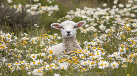 A charming lamb enjoys a sunny day in a meadow filled with colorful daisies, embodying the essence of tranquility and the beauty of nature's landscapes.の素材
