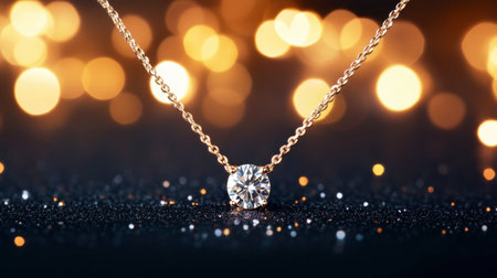 A stunning diamond necklace rests gracefully against a backdrop of shimmering golden bokeh lights, embodying elegance, luxury, and timeless beauty in a captivating display.の素材