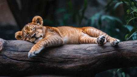 A charming young lion cub lies lazily on a sturdy wooden log, surrounded by vibrant greenery, embodying the tranquil beauty of wildlife in a serene moment of rest.の素材