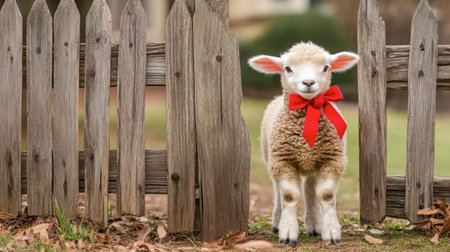 This charming image features a baby lamb wearing a red bow, standing by a rustic wooden fence in a green pasture, symbolizing innocence and the beauty of rural life.の素材