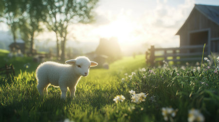 A charming scene featuring a fluffy lamb grazing in a vibrant green meadow during golden hour, with a rustic farmhouse and soft sunlight creating a serene atmosphere.の素材