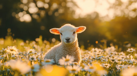 A cute lamb rests among blooming daisies in a sunlit meadow, evoking the warmth of spring. This serene scene captures the beauty of nature and innocent wildlife.の素材