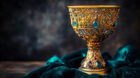 A stunning vintage golden goblet embellished with colorful gems, resting elegantly on a deep green fabric, perfect for evoking luxury in decorative art settings.の素材