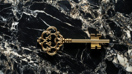 An ornate vintage golden key elegantly rests on a glossy black marble surface, highlighting the intricate details and luxurious feel, ideal for themes of opulence and mystery.の素材