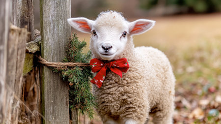 A charming baby sheep adorned with a festive red bow, stands beside a wooden fence, embodying the playful spirit of the holiday season in a picturesque winter setting.の素材