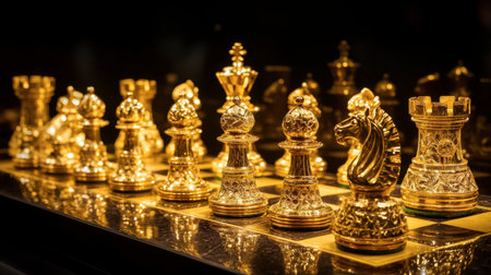A stunning golden chess set reflects elegance and strategy, showcasing exquisite pieces on a polished surface. Perfect for those who appreciate luxury and intellect in gaming.の素材
