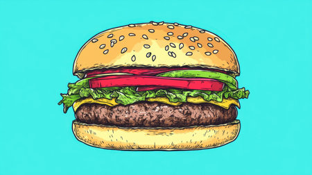 A vibrant hand-drawn hamburger featuring fresh ingredients like lettuce, tomato, cheese, and juicy beef patty, perfect for food lovers and culinary creatives.の素材