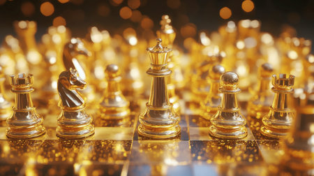 A captivating close-up image featuring luxurious golden chess pieces set on a reflective board, highlighted by a sparkling background, evoking themes of strategy and competition.の素材