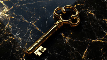 A stunning golden vintage key elegantly placed on a dark marble surface, showcasing exquisite textures and luxury. This image represents security, access, and opulence.の素材