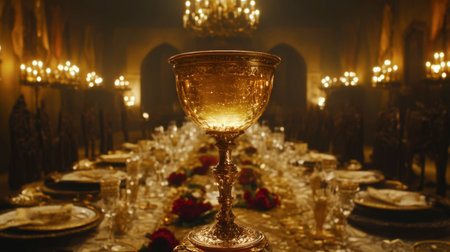 An opulent banquet setting illuminated by elegant chandeliers features a beautifully arranged table with exquisite glassware, creating an inviting and luxurious atmosphere for gatherings.の素材