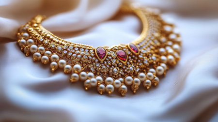 This stunning gold necklace features intricate designs, adorned with pearls and red gemstones, resting elegantly on soft silk fabric, perfect for showcasing luxury and style.の素材