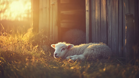 A serene young lamb lounges peacefully outside a rustic wooden shed, bathed in the warm glow of golden hour, surrounded by lush green grass and tranquil nature.の素材
