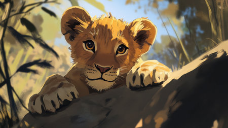 A charming digital illustration of a young lion cub peeking over a rock, with bright eyes and a playful expression, set against a lush, vibrant natural background.の素材