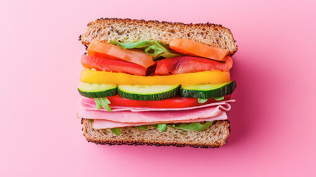 A colorful sandwich filled with layers of fresh vegetables and ham, presented on whole grain bread, perfect for a healthy meal or snack option.の素材