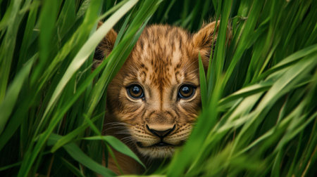 A stunning close-up of a lion cub peeking through lush green grass, showcasing its striking blue eyes and innocent curiosity in a serene natural setting.の素材