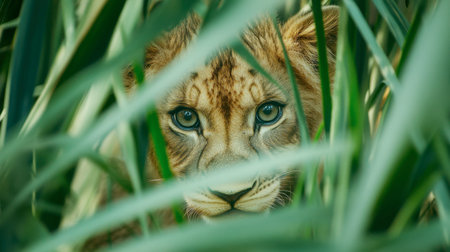 A captivating close-up of a lion cub looking through green grass, showcasing its intense eyes and playful demeanor in a natural habitat filled with vibrant foliage.の素材