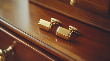 This close-up image features elegant golden cufflinks resting on a polished wooden surface, highlighting their luxurious design and perfect for formal attire or special gifts.の素材