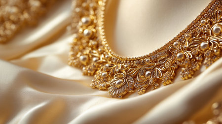 Stunning close-up view of intricate gold jewelry adorned with pearls, elegantly displayed against a smooth satin background, highlighting the beauty of craftsmanship and luxury.の素材