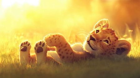 A young lion cub enjoys a serene moment in the grass, basking in warm sunlight. This playful scene embodies innocence, joy, and the beauty of nature in the wild.の素材