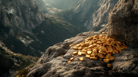 A stunning pile of gold nuggets rests upon a rocky surface, set against a breathtaking mountain landscape illuminated by bright sunlight, capturing the essence of nature's beauty and adventure.の素材