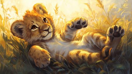 A sweet lion cub enjoys a playful moment rolling in the grass, bathed in soft golden light, showcasing the beauty and innocence of wildlife in a serene setting.の素材