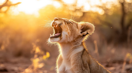 A young lion cub joyfully roaring in the warm glow of a sunset, showcasing its natural beauty in a serene savanna environment, highlighting the essence of wildlife.の素材