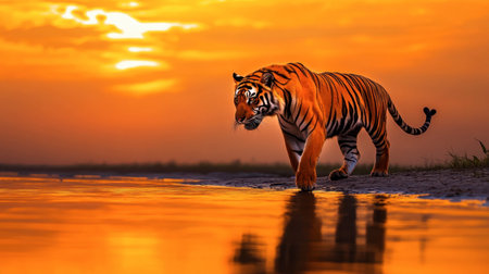 Witness the elegance of a Bengal tiger as it strides gracefully along the waterの素材