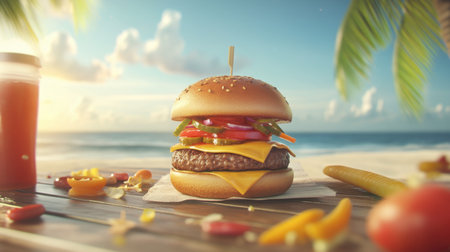 A delicious cheeseburger piled high with fresh vegetables, set in a beautiful outdoor beach scene. Perfect for summer-themed food content and culinary inspiration.の素材