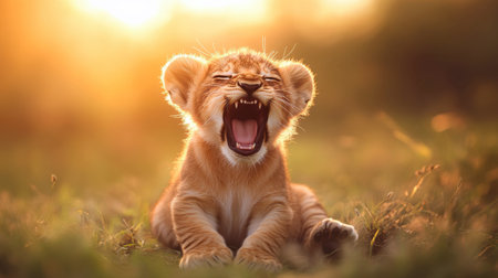 A charming lion cub yawns in the evening glow, showcasing a playful spirit. This heartwarming scene captures the innocence of wildlife in a natural environment.の素材