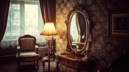 A charming vintage interior showcasing elegant furniture, an ornate mirror, and soft lighting. The warm atmosphere invites relaxation and comfort with beautiful decor elements.の素材