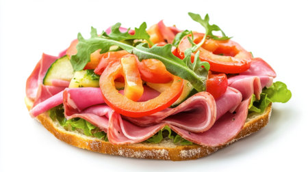 A bright sandwich showcasing layers of fresh vegetables and savory meat, making it an inviting option for any meal or snack. Perfect for health-conscious food lovers.の素材
