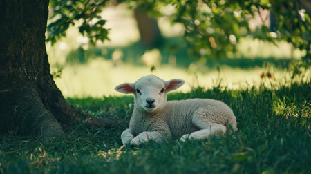 A fluffy young lamb lounges comfortably on soft grass beneath a tree, basking in dappled sunlight, evoking a sense of peace and tranquility in a rural setting.の素材