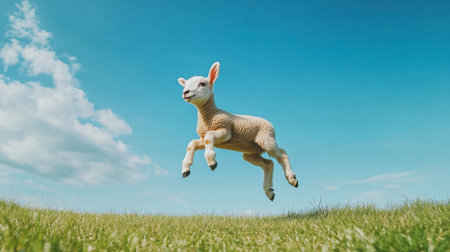 A lively lamb leaps joyfully across lush green grass under a vivid blue sky adorned with fluffy clouds, capturing the essence of a beautiful spring day.の素材