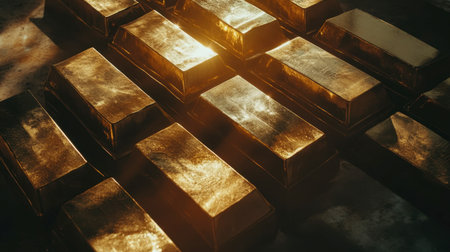 Captivating image of gold bars neatly arranged, showcasing their lustrous quality and the allure of wealth and prosperity through impressive reflections and lighting.の素材