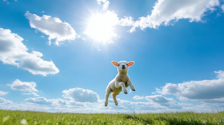 A lively lamb leaps joyfully in a lush green meadow under a bright sun, surrounded by fluffy clouds and a vibrant blue sky, embodying the essence of springtime bliss.の素材