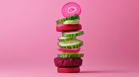 This captivating image showcases a delightful stack of fresh ingredients, including beetroot, cucumber, onion, and avocado, set against a vibrant pink background.の素材