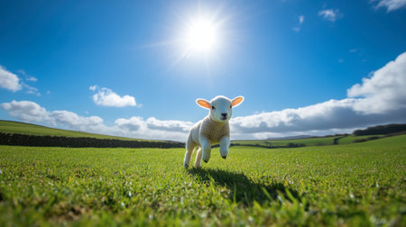 A playful lamb joyfully leaps across a vibrant green meadow, basking in bright sunlight beneath a clear blue sky dotted with fluffy clouds, embodying the essence of spring in the countryside.の素材