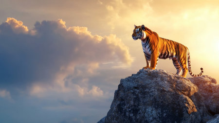 A striking image of a majestic tiger poised on a rocky outcrop during sunset, showcasing its beauty and strength against a vivid sky filled with dramatic clouds.の素材