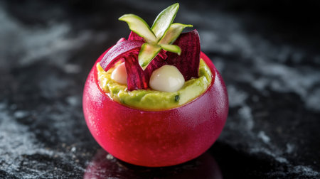 A stunning culinary creation featuring a vibrant red sphere filled with creamy avocado, garnished with colorful vegetables and delicate edible flowers, ideal for fine dining.の素材