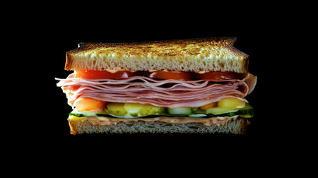 A visually appealing grilled sandwich featuring layers of ham, tomatoes, and fresh vegetables, perfect for showcasing delicious meal ideas and culinary creativity.の素材