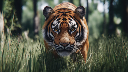 A stunning close-up of a tiger prowling through vibrant green grass in a sunlit forest, showcasing its majestic beauty and powerful presence in the wilderness.の素材