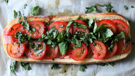 A vibrant tomato sandwich topped with fresh basil and greens, showcasing a delicious blend of flavors ideal for a healthy meal or snack option.の素材