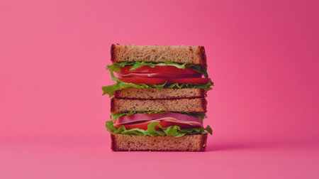A vibrant layered sandwich featuring fresh lettuce, tomato, and ham, set against a pink background. Perfect for food photography that emphasizes color and freshness.の素材